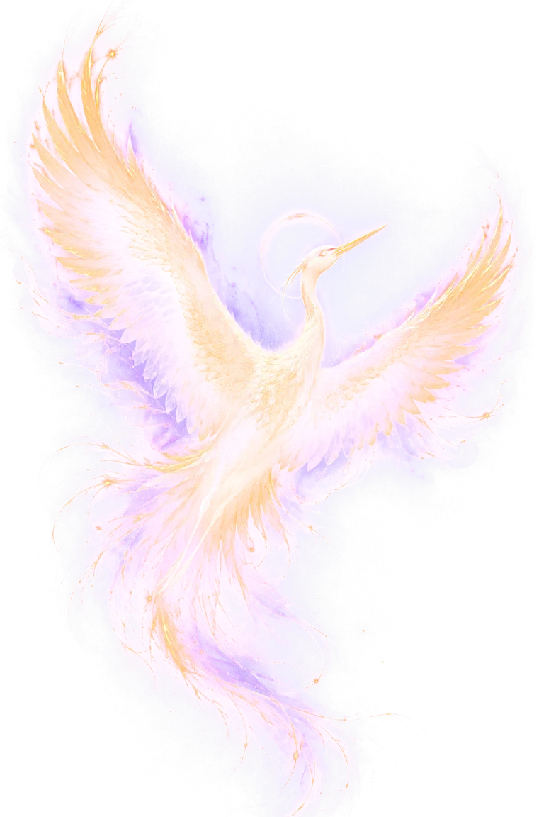 A celestial crane in flight, white-gold wings spread beneath a thin halo