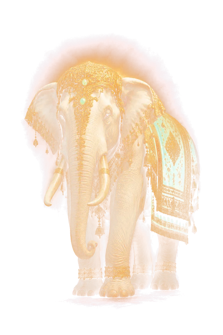 A white elephant guardian in gilded ceremonial dress, haloed in warm light