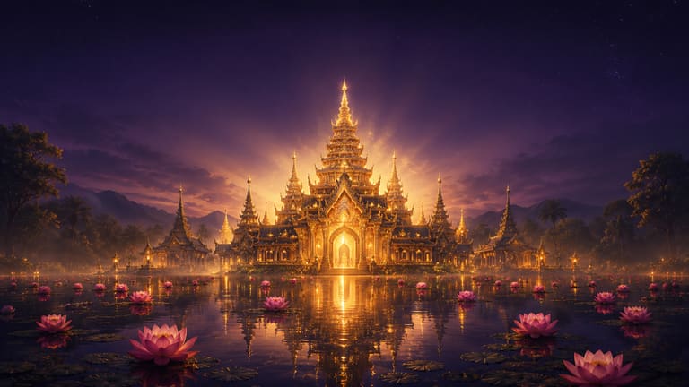 A golden temple glowing across a lotus lake at twilight, its light blooming into an indigo sky