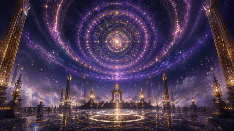 An open celestial court at night beneath an immense mandala of starlight and violet aurora