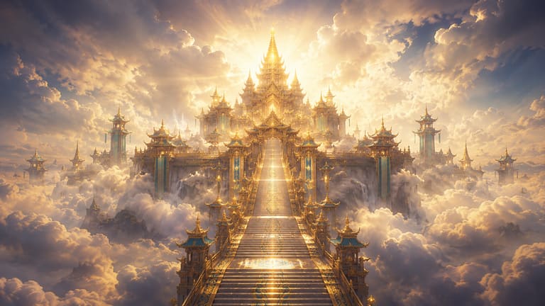 A golden temple city above a sea of sunlit clouds, a long ceremonial stairway rising to its gates