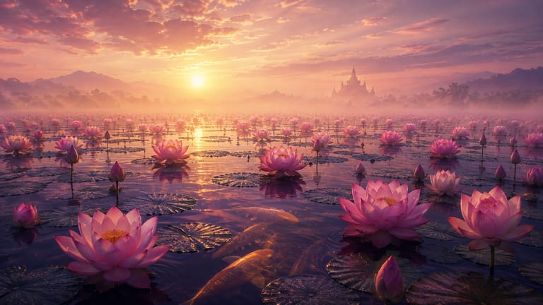 A dawn lake covered in pink lotus flowers, golden koi beneath the surface, a temple silhouette on the horizon